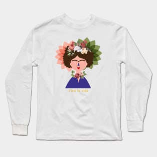 Summer cute colorful feminist Frida kahlo portrait flowers viva la vida Long Sleeve T-Shirt